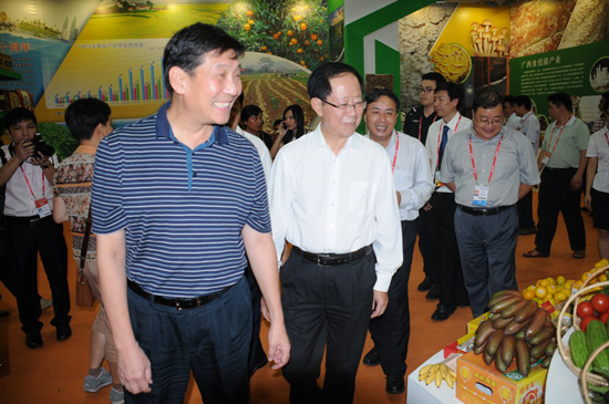农业厅厅长谢泽宇（左一）向危朝安副书记左二）介绍广西农业产业情况