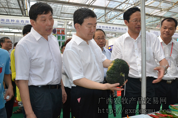 牛顿、陈章良、谢泽宇在展位了解蔬菜新品种